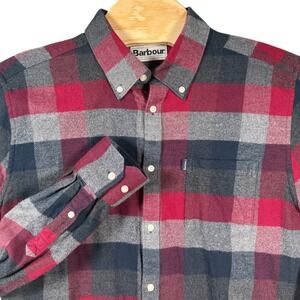 Barbour Button Down Shirt Mens Medium Red Grey Highland Check Tailored Stapleton